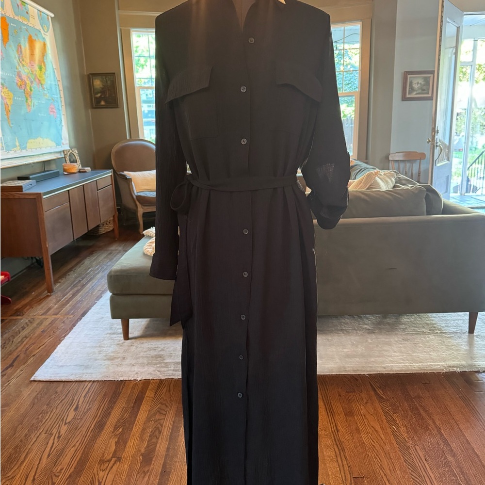 Max Studio Black Long-Sleeve Maxi Shirt Dress with Tie Waist